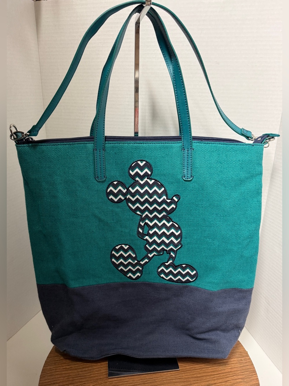 Disney Parks Authentic Chevron Pattern Mickey Mouse Emblem Zippered Tote Bag